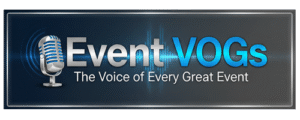 A rectangular logo with a blue and silver microphone icon, the text "EventVOGs," and the tagline "The Voice of Every Great Event" on a dark background.