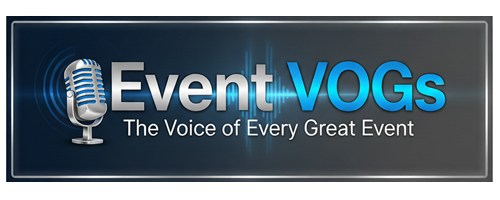 A rectangular logo with a blue and silver microphone icon, the text "EventVOGs," and the tagline "The Voice of Every Great Event" on a dark background.